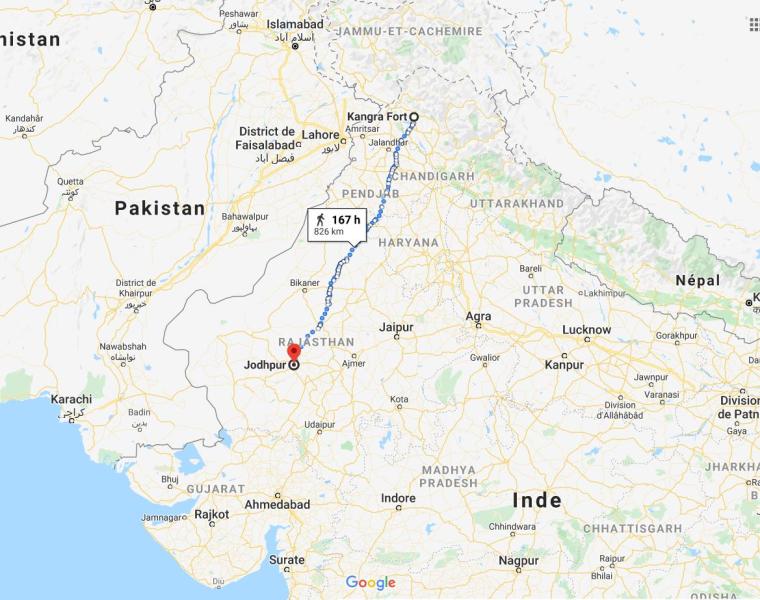 Fig.8 Walking journey from Kangra to Jodhpur (today map)