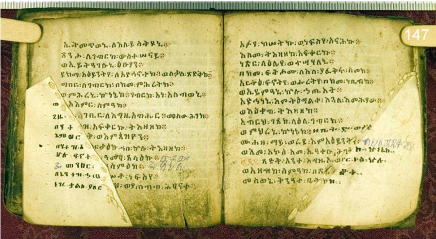 Fig.13: Ethiopic manuscript, the missing parts of the skin are filled in with large patches of parchment attached with running stitches. The St John's university and the college of St Benedict, USA,
Marwick Codex 11
