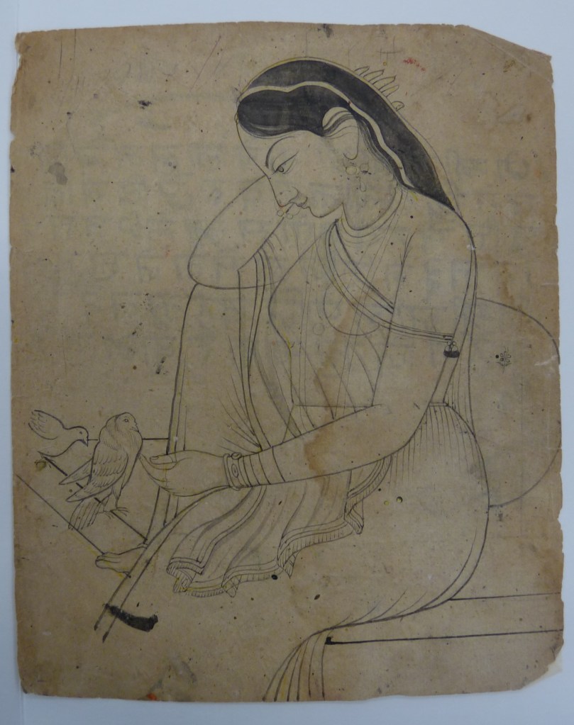 A lonely lady cuddling a dove, Pahari hills, Chamba style, beginning of 19th century. RV-3025-56, Volkenkunde Museum. 