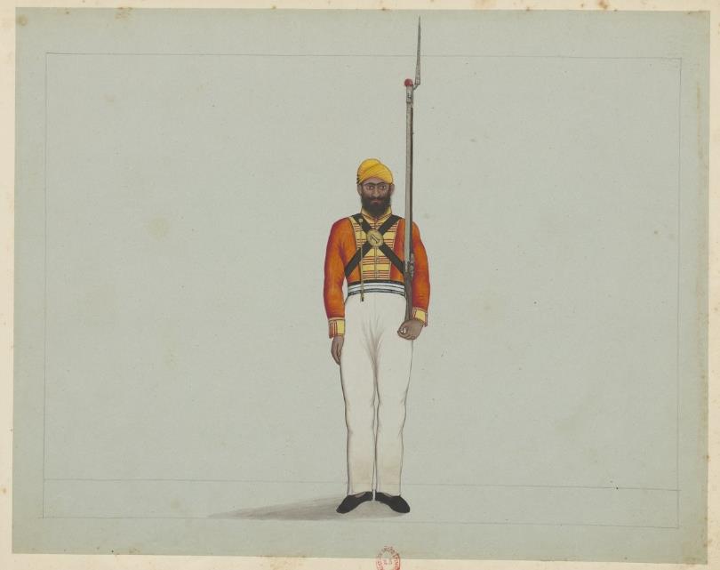 Album factice comprenant dix-neuf miniatures indiennes représentant des costumes militaires, India -1765-1947, Bibliothèque Nationale de France, ESERVE4-ZF-124.