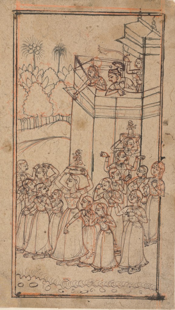 The Celebration of Gangaur, Bundi, Rajasthan, eighteenth century, RP-T-
1993-269. The primary sketch was briefly executed in orange ink, whereas the final
composition was made with strong lines drawn in black ink.